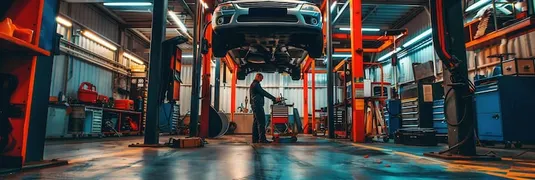 mecanico-inspecciona-coche-levantado-elevador-examinando-tren-aterrizaje-ocupado-taller-automotriz-lleno-herramientas-ia-generativa_262708-77260